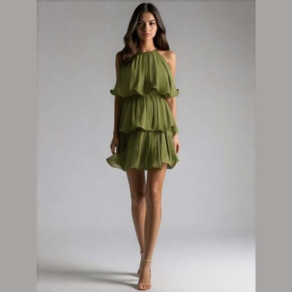 Boho Tiered Ruffle Mini Dress Green